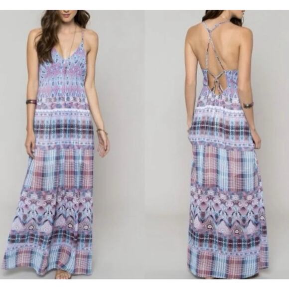 Anna Sui X O'Neill Maxi Dress Womens Med Purple Cloud Burst Chiffon Beachy Boho - Picture 1 of 12